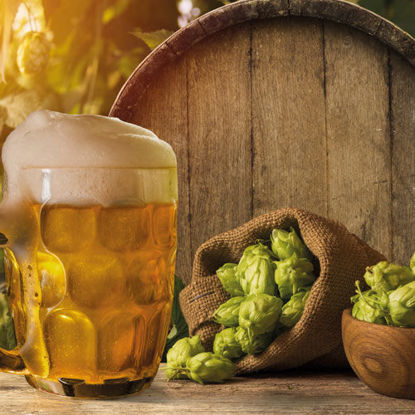 Ein Glas Bier mit Schaumkrone steht auf einem Holztisch neben einem Jutesack mit Hopfendolden und einem Holzfass im Hintergrund.