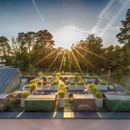 Sonnenuntergang über der begrünten Dachterrasse der SaarowTherme. In modernen Hochbeeten wachsen verschiedene Pflanzen, im Hintergrund stehen hohe Bäume, links ist ein Teil der Glasdächer des PanoramaSauna Gebäudes zu sehen.